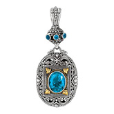 Phillip Gavriel Jewelry Byzantine Pendant 18k Yellow Gold & Sterling Silver Oxidized Oval Blue Topaz Byzantine Pendant.